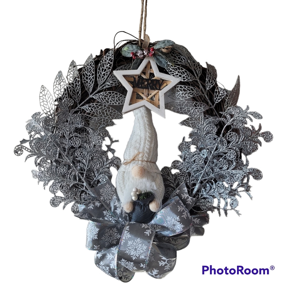 Silvery Holiday Christmas Wreath Door Hanger with Cute Gnome and Ribbon